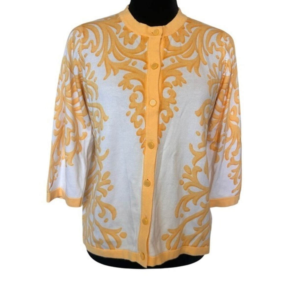 NWT Bob‎ Mackie Yellow and White Patterned Printed Cardigan Sweater Size XS